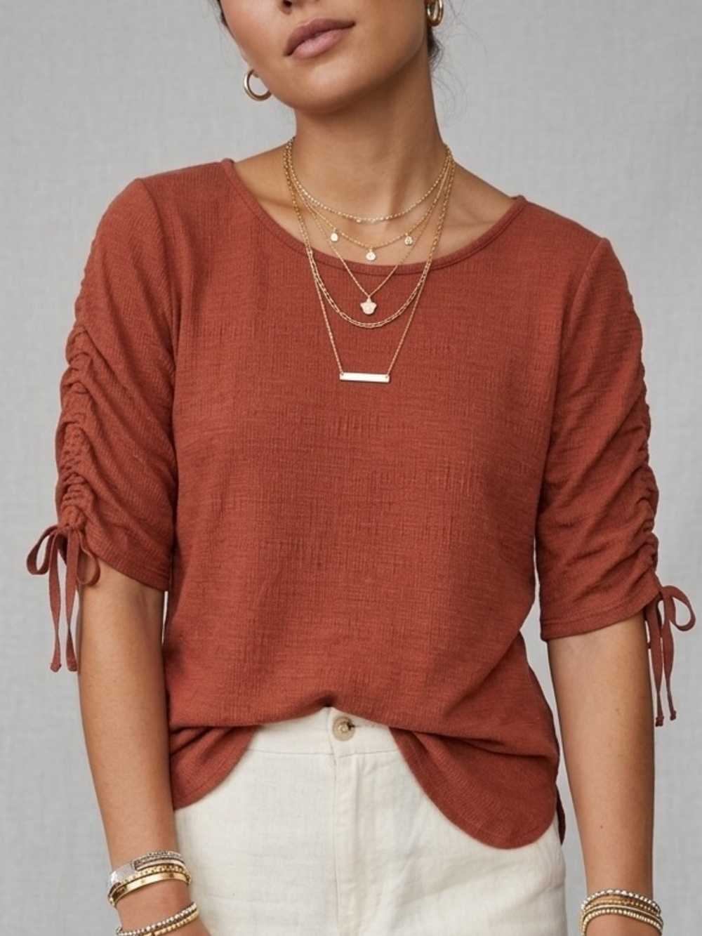 Max Studio Rust Ruched Sleeve Textured Knit Top